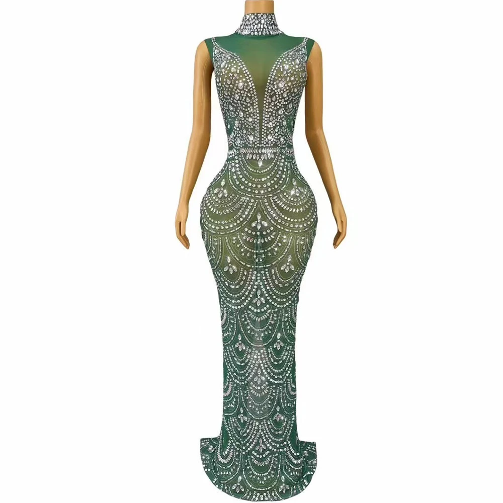 Sexy Green High-end Elegant Evening Gown Blingbling Rhinestones High Neck Dress Party Prom Red Carpet Stage Performance Costume