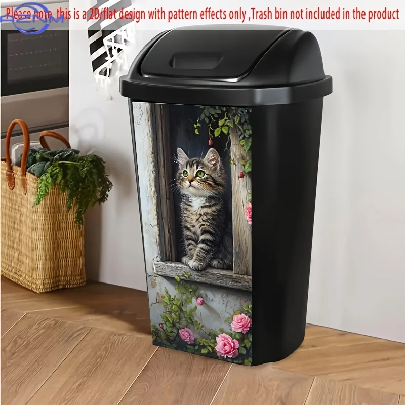 1pc 2D/Flat trash bin sticker, *inch cute cat with roses by the window design, creative garbage can decal for kitchen, wall an
