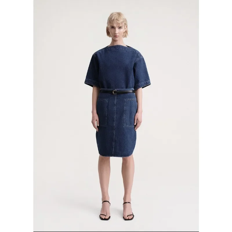 TT @ LUXURY-Denim Shirt for Women, Deep Blue Cotton, One Line Neck, Short Sleeve Top, Autumn and Winter, 2024 New