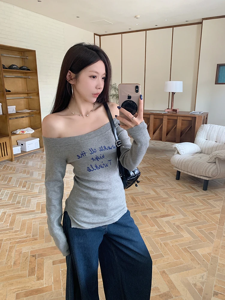 

MosesQueen ey Asymmetrical oulder Printed Knitwear Slim Fit Split Design Autumn New Sle Women's Faion Top