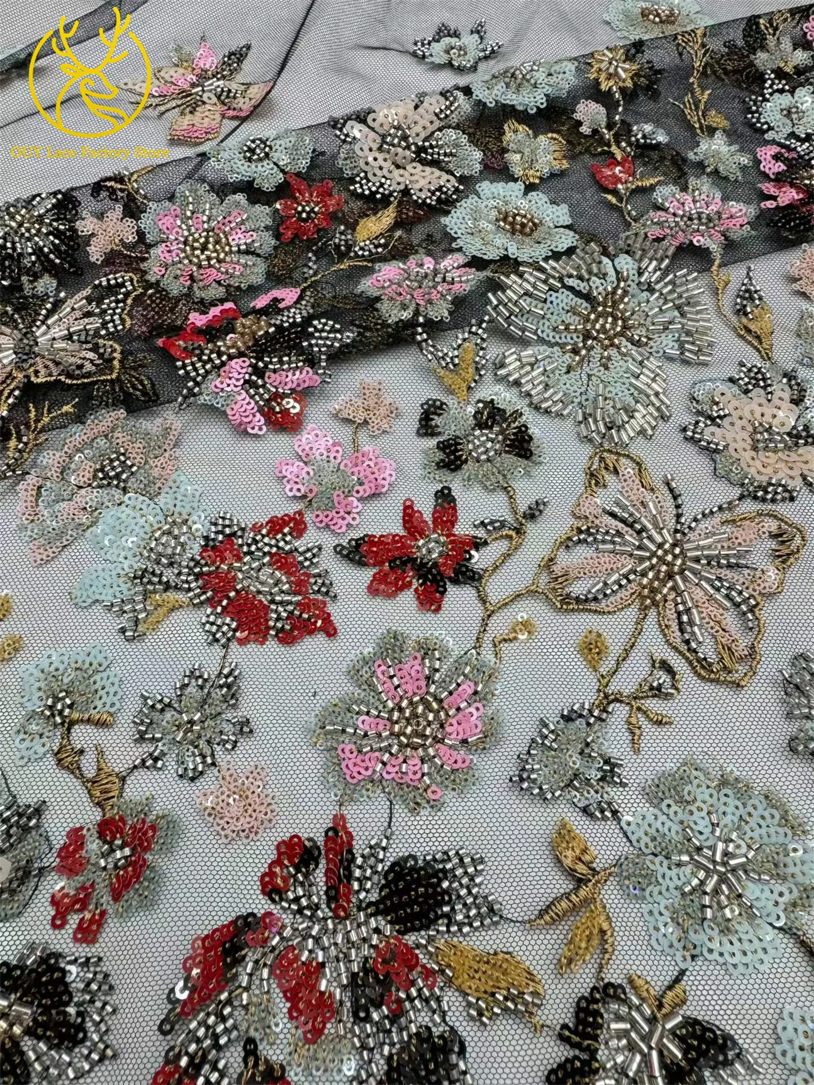 5 Yards afrikanischer handgefertigter bestickter Spitzenstoff, hochwertige französische Pailletten-Tüllspitze, nigerianisch, für Brautkleider – Detail 5
