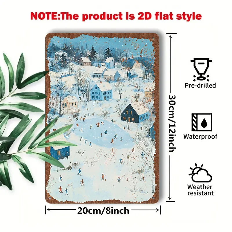 2D Flat - A 1pc 2D [Flat] Metal Sign Titled 'Winter Snowy Village' Measuring 8X12 Inches / 20X30 Cm Depicts a Scene of a Snow-Co