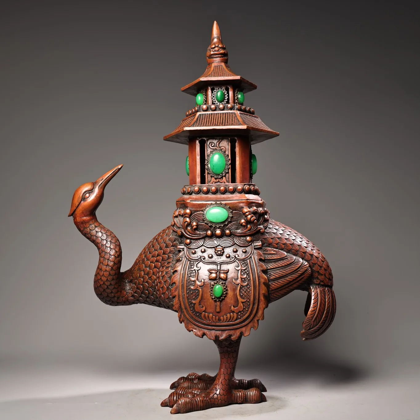 

18"Tibetan Temple Collection Old Bronze Mosaic Gem Ostrich statue Stupa shaped incense burner Amass wealth Ornaments