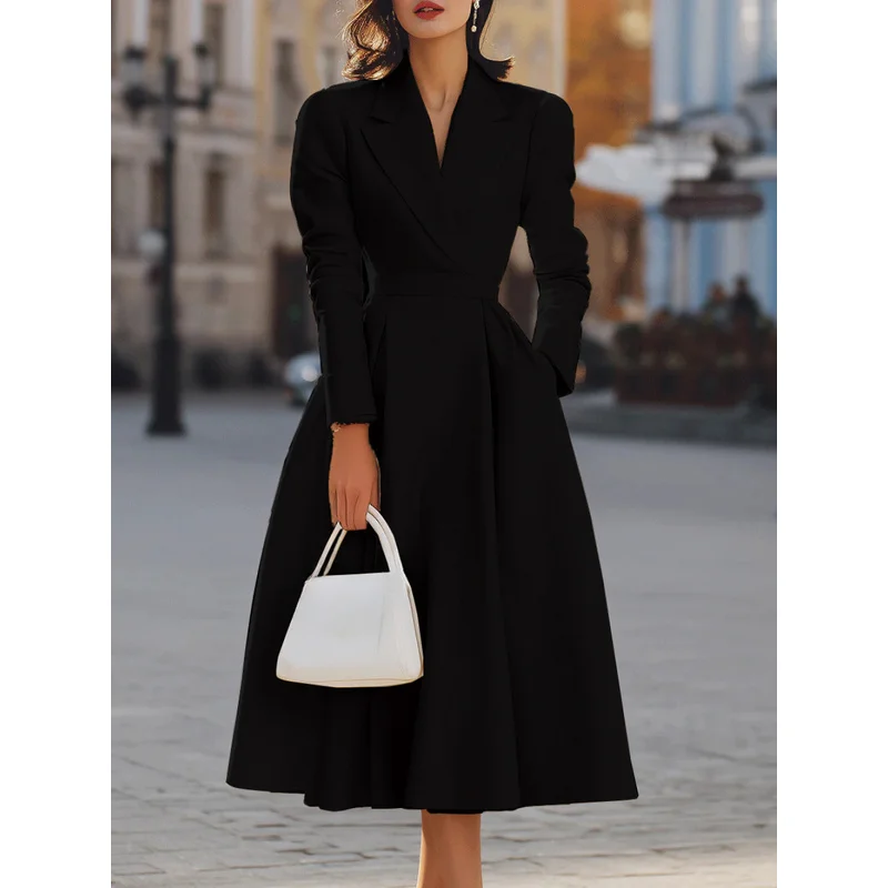 QICHE 2026 New French Style Women V Neck Dress, Waist Cinch Slim Elegant Luxury Long Gown for Banquet