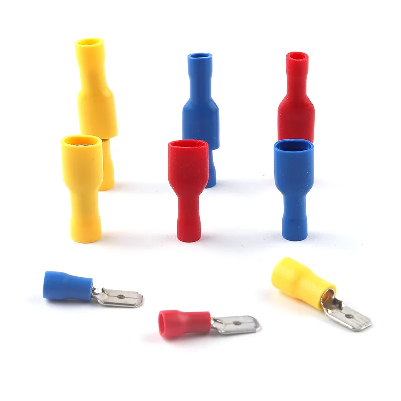 50PCS FDD/MDD 6.3mm Terminal Red Blue Yellow Female Male Spade Insulated Electrical Crimp Terminal Connectors Wiring Cable Plug