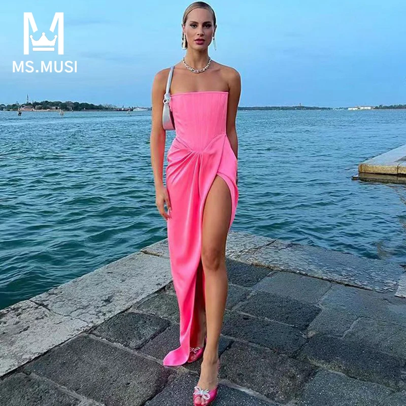 

MSMUSI 2023 New Fashion Women Sexy Strapless Draped Fold Bandage Sleeveless Backless Bodycon Party Club Slit Maxi Dress Gown