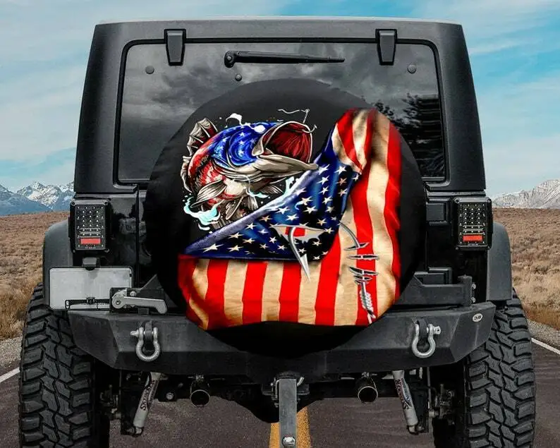 

Fishing Hooked American Flag Spare Tire Cover 32" Christian Camp Car Accessories