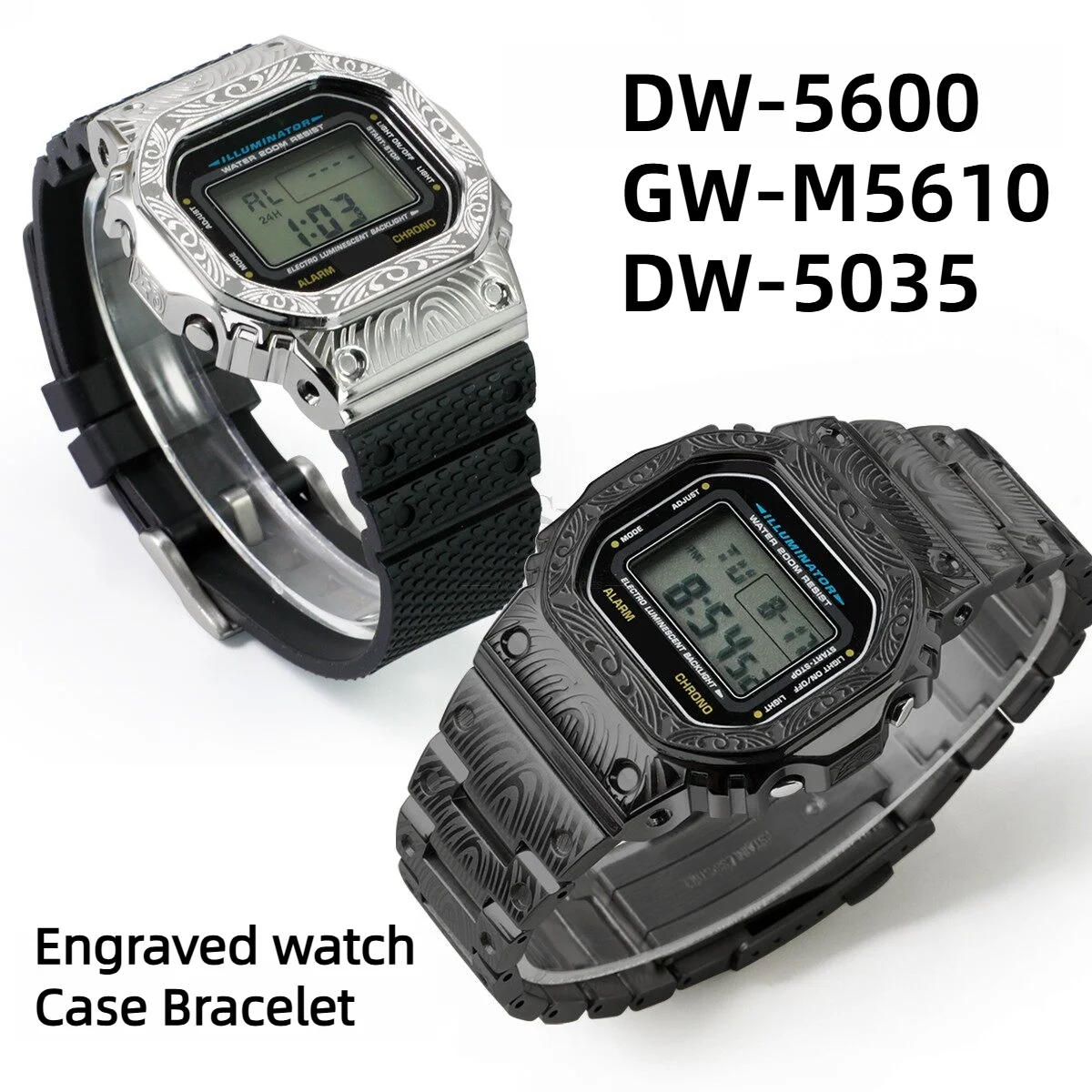 DW5600 Mod Kit Engraved Metal Case & band For Casio Watch DW-5600 GW-M5610 DW-5035 5000 Steel bezel Fluorine rubber Strap Men's