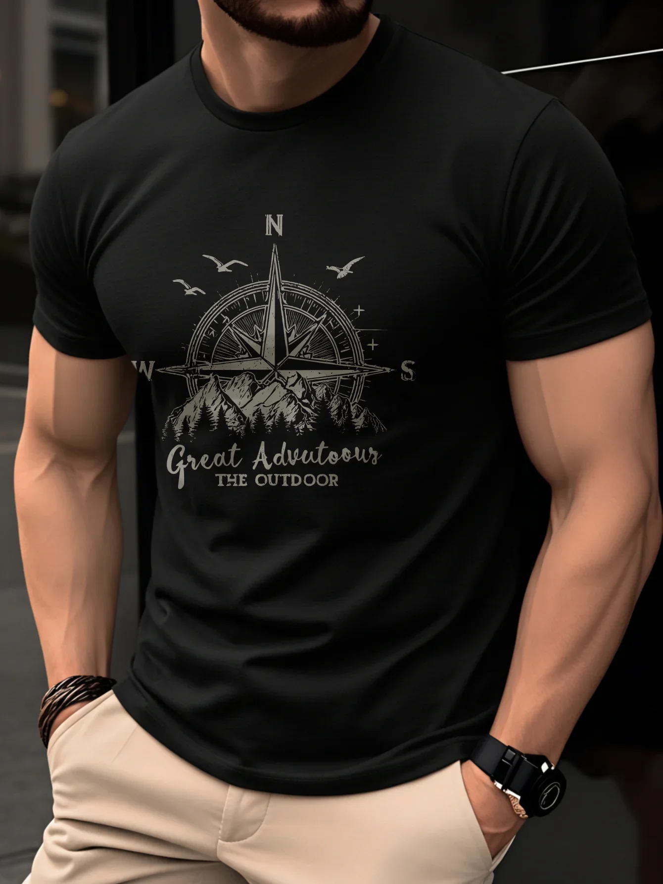 T-shirt d'été pour homme 100% coton pur, décontracté, tendance, ample, rétro, imprimé avec un motif de montagne et une boussole, col rond, manches courtes