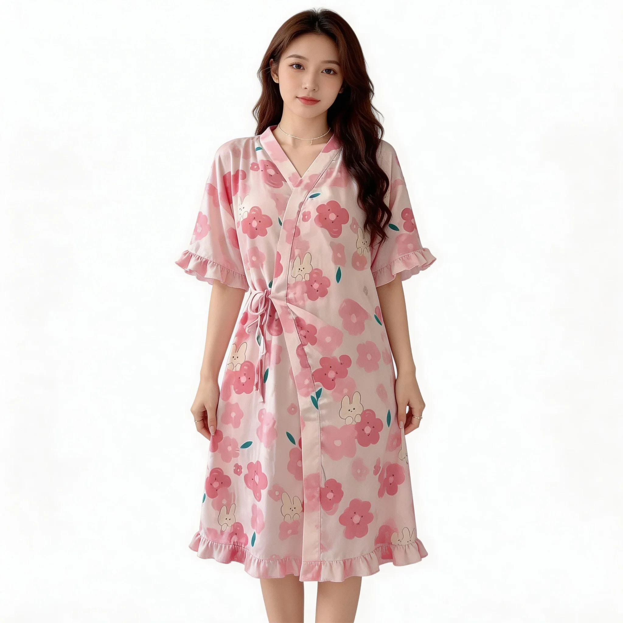 

Новая популярная корейская женская пижама-кимоно с коротким рукавом, милый халат-платье для сна