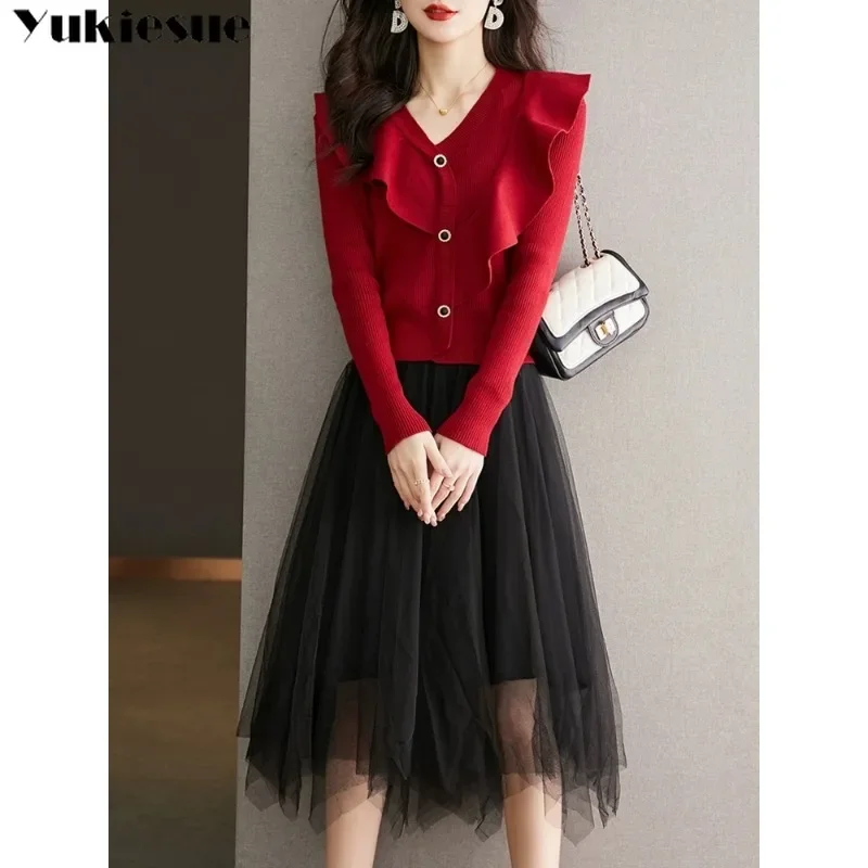 Frauen V-ausschnitt Spitze Taste Langarm Gestricktes Hemd Schlank Mesh Rock Solide 2023 Herbst Winter Zwei Stück Set Kleid Design sinn