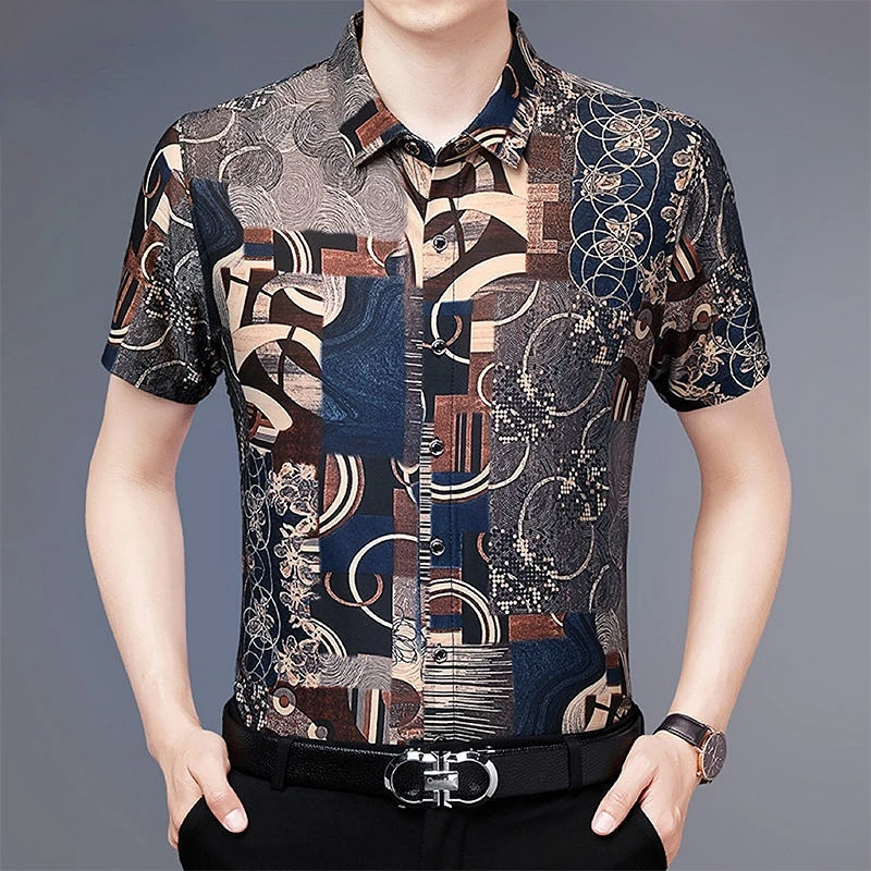 Y2k Vintage Men Summer Short Sleeve Floral Shirt Fashion New Printed Button Lapel Male Clothes Casual Loose Ice Silk Tops 2023