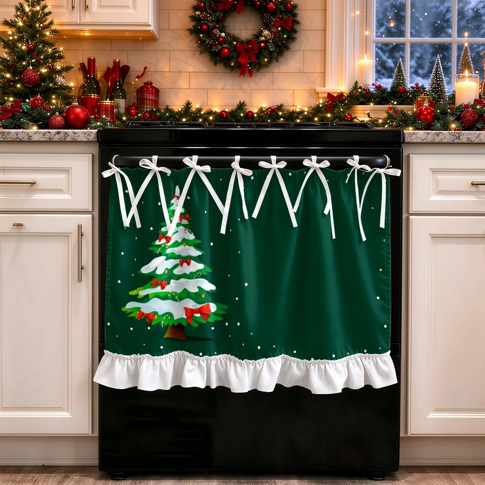 1PC Christmas Tie Up Kitchen Curtain, Dark Green Snowy Christmas Tree Red Bows, Digital Print, Kitchen Dining Room, Home Decor