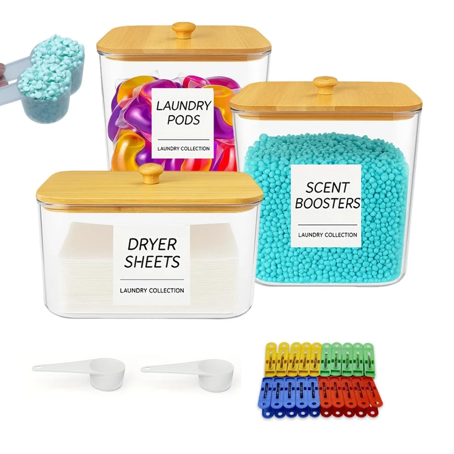 

Контейнер для стручек для белья и набор держателей для простыней для сушилки, прозрачные контейнеры для организации прачечной с бамбуковыми крышками, совки для стручков