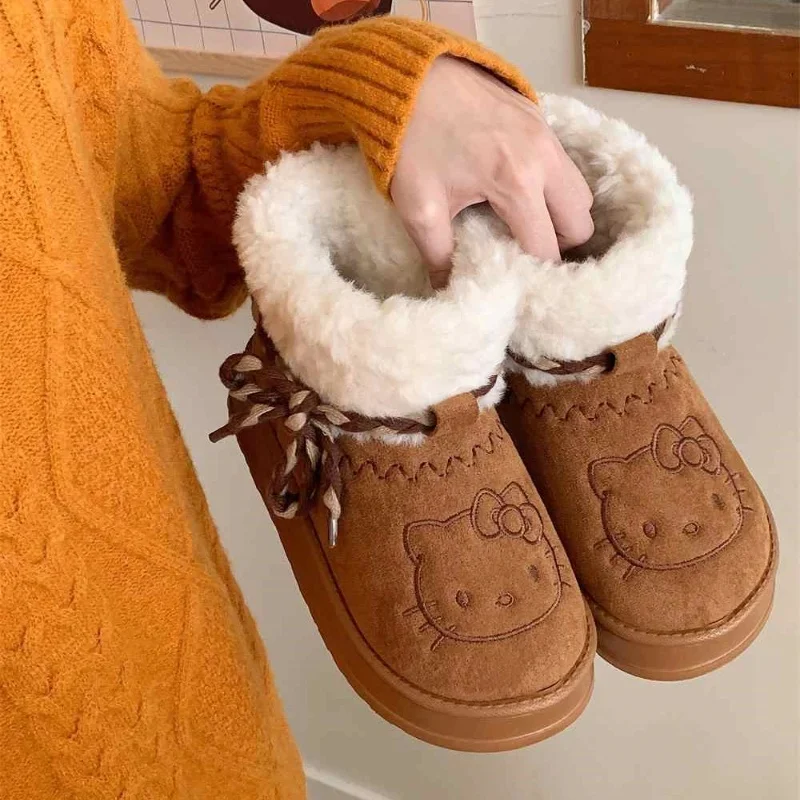 Hello Kitty Snow Boots Sanrio Winter Y2k Warm Cotton Shoes Cartoon Girl Outdoor Fashion Cute Thick Bottom Non Slip Short Boot