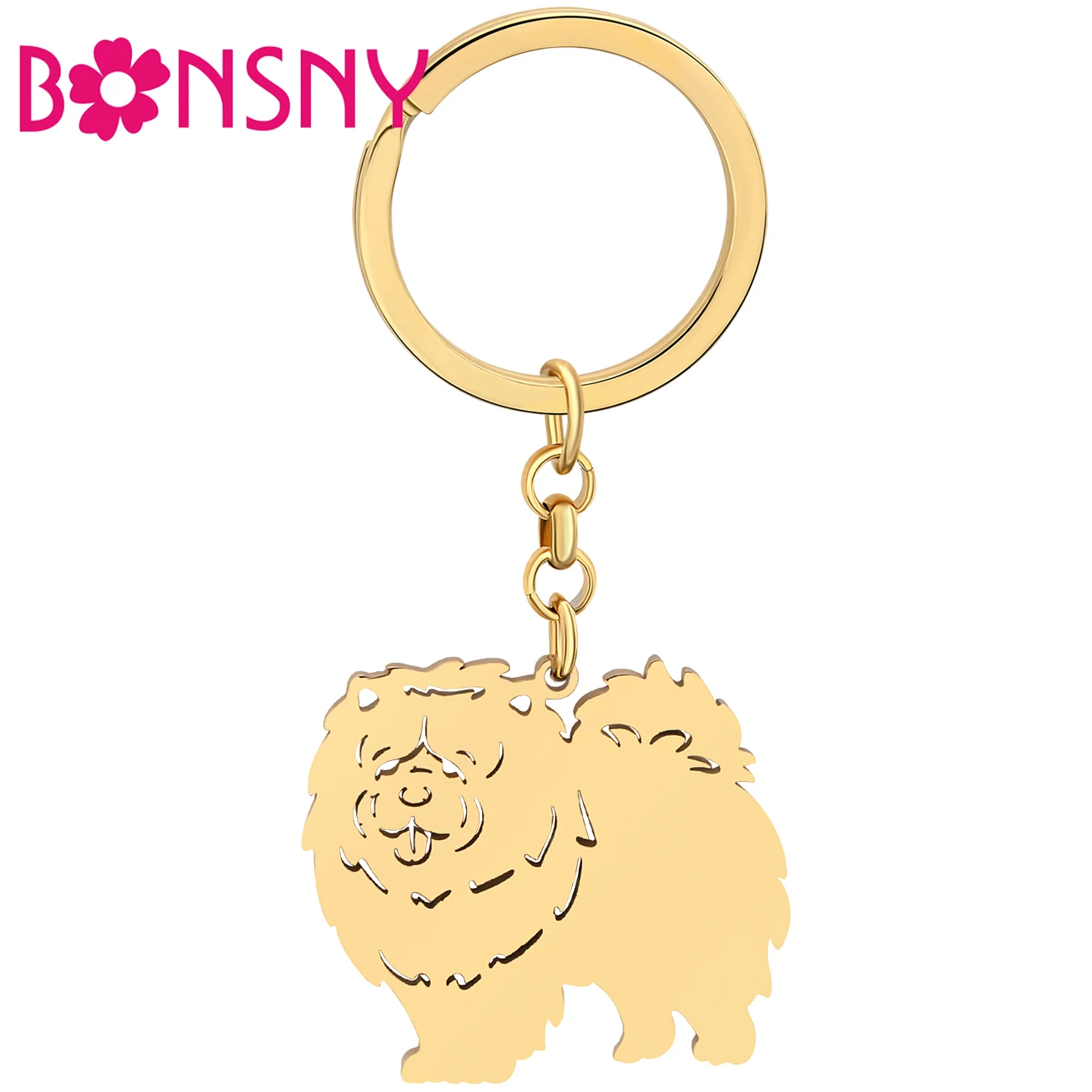

Bonsny Stainless Steel Gold-plated Cute Smile Chow Dogs Keychains Pet Animals Key Ring Car Charms Key Chains For Women Girls