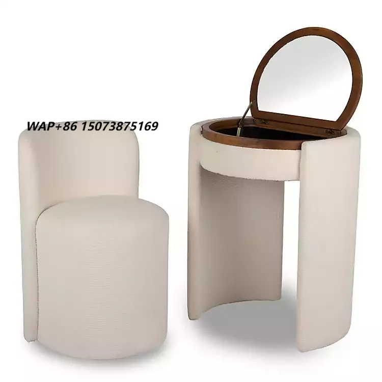 Upholstered Oak Wood Makeup Vanity Set with Flip Mirror and Stool, Compact Round Dressing Table for Bedroom