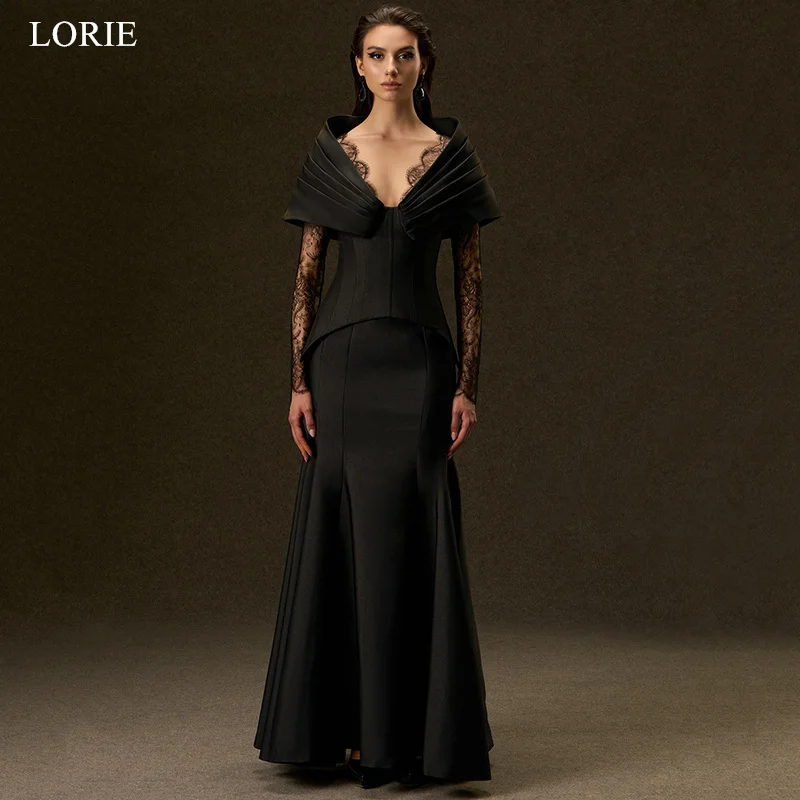 

LORIE Luxury Black Satin Party Dresses Lace Mermaid Evening Prom Dress Draped Ankle -Length Prom Gown Customized