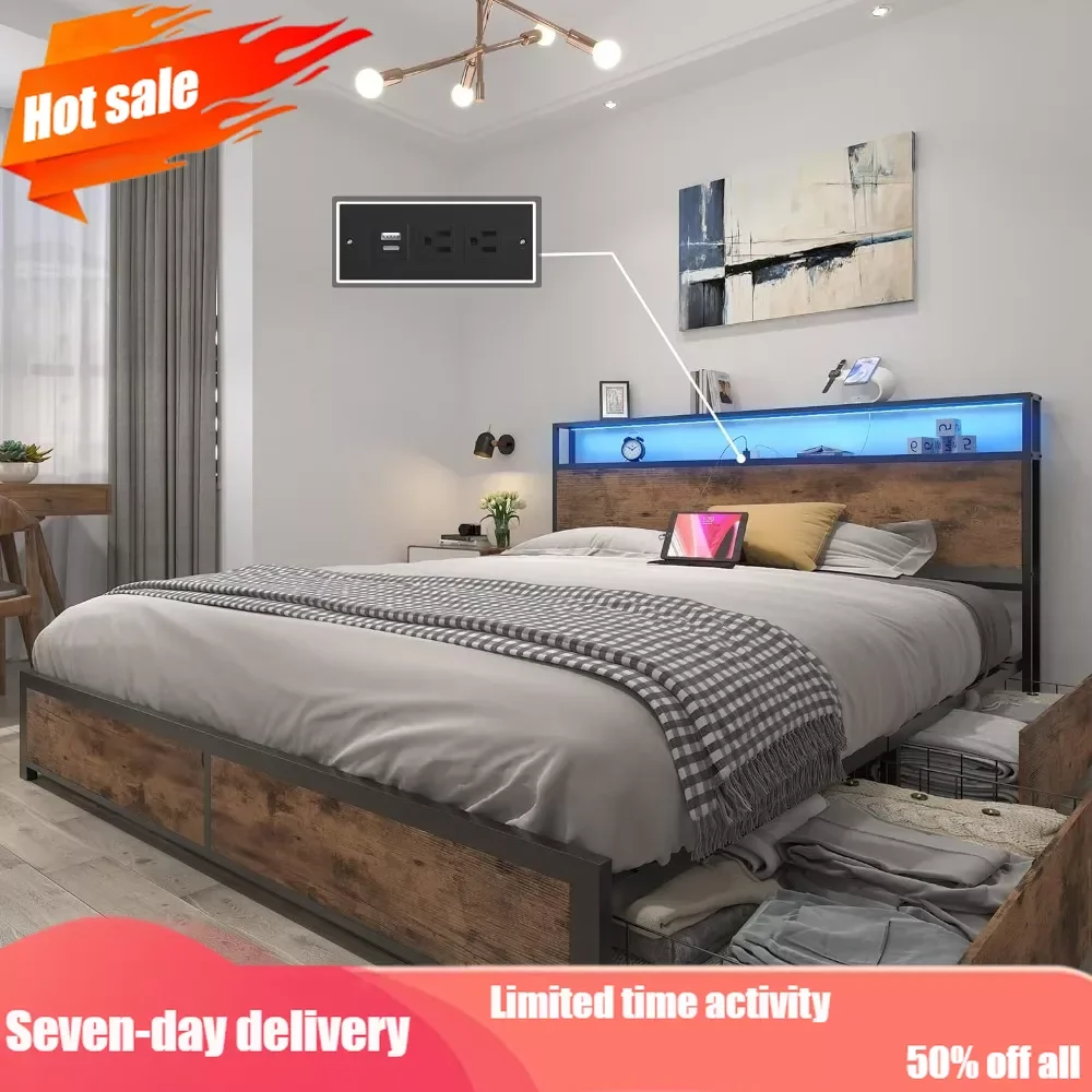 Bed frame with 2-layer storage headboard, metal platform bed frame with 4 storage drawers, built-in charging station and LED