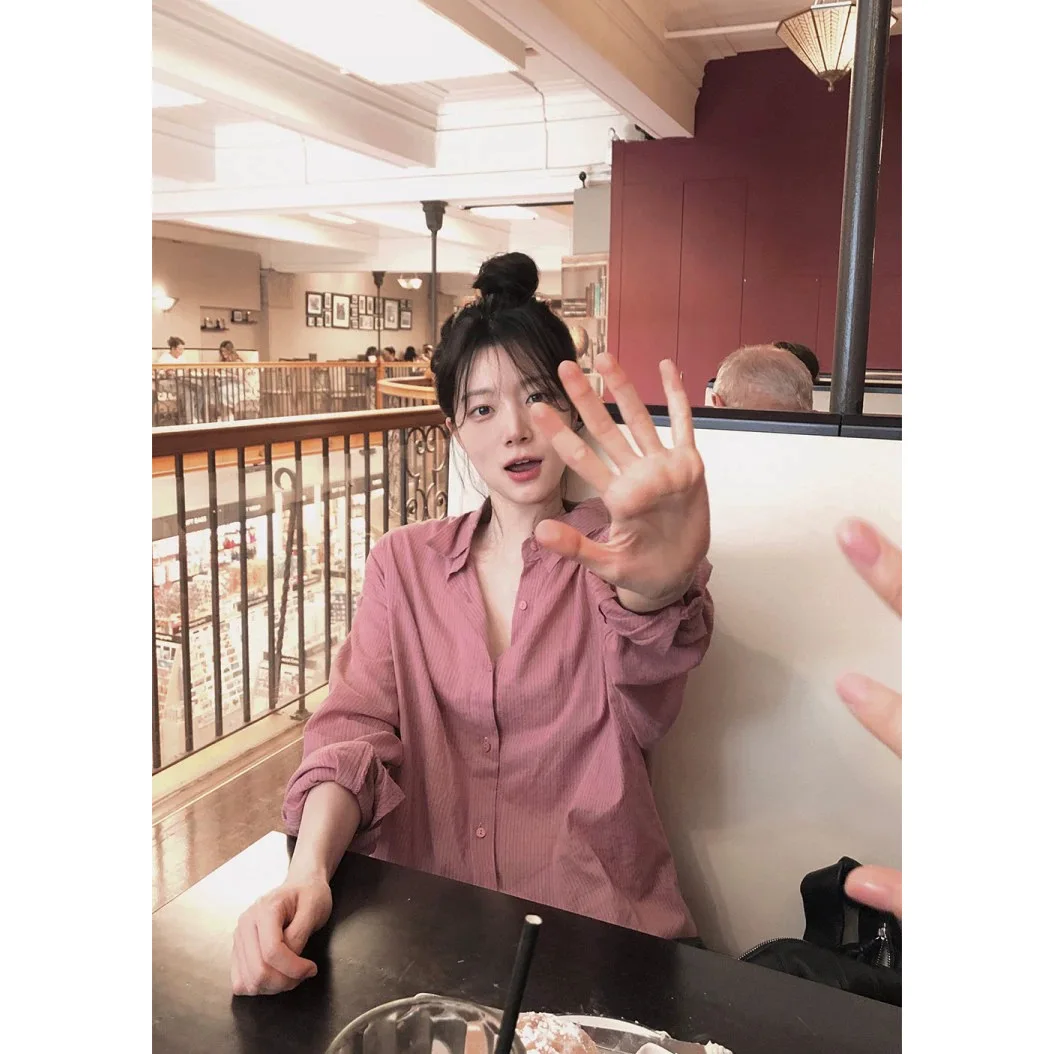 

Рубашка Slowood Spring 2026 в корейском стиле, повседневная, для поездок на работу, с текстурой, в тонкую полоску, свободного кроя, с длинным рукавом, хлопковая, унисекс