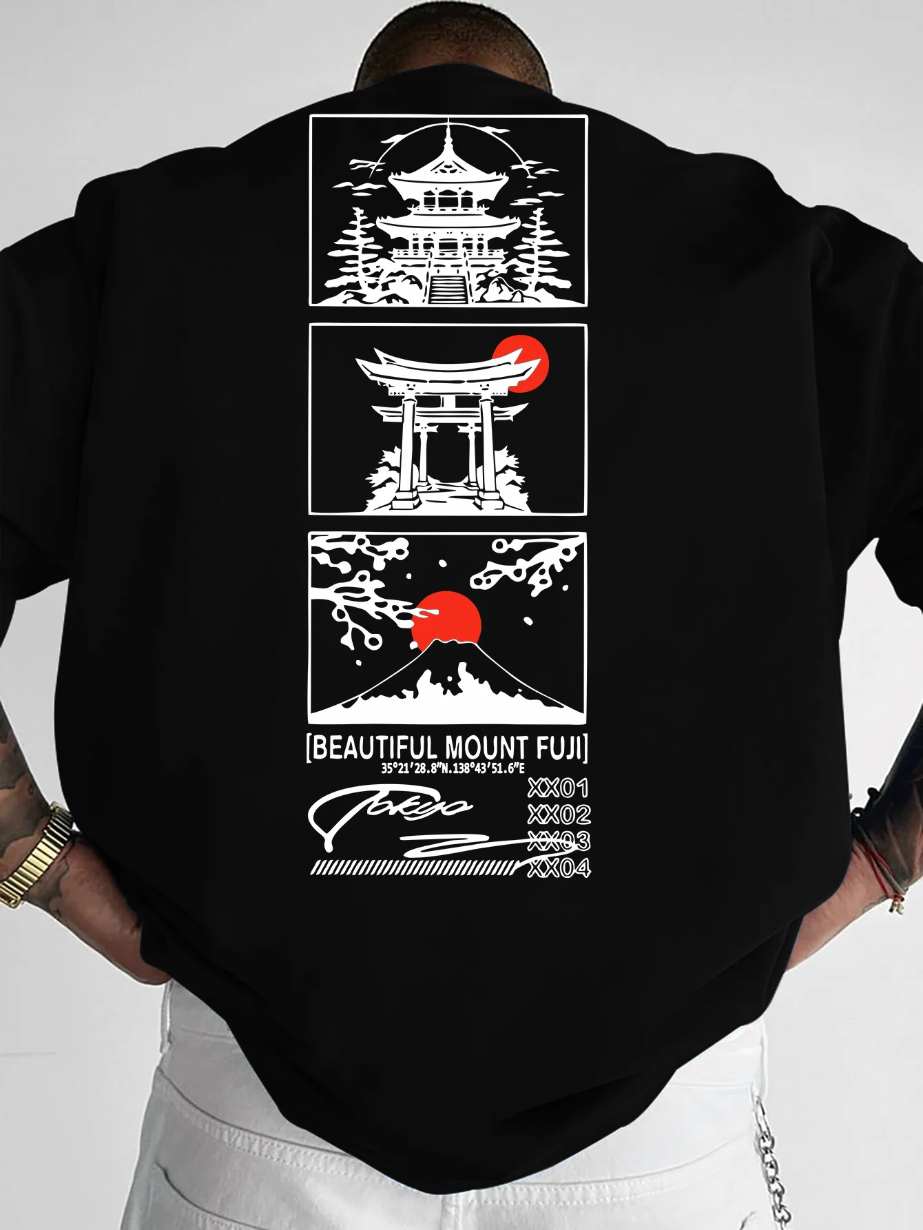 Men Oversized Streetwear T‑Shirt Japan Scenery Building Mount Fuji Graphic Back Print Drop‑Shoulder Casual Short Sleeve Tee