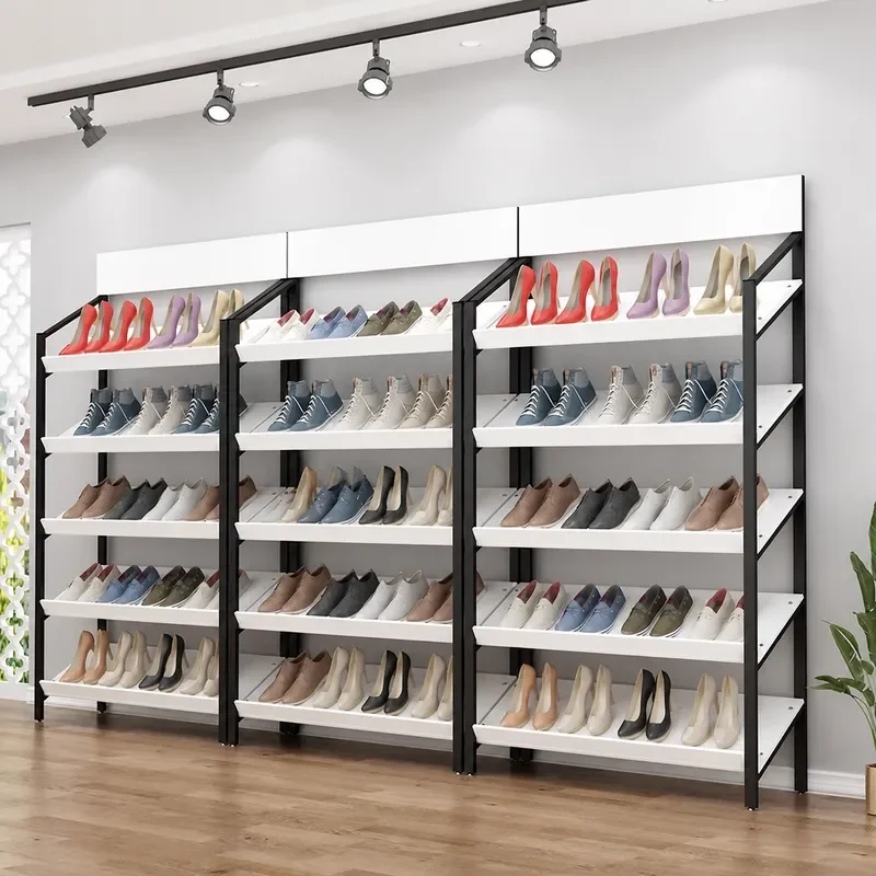Multi Layer Beveled Edge Display Shelf Floor Standing Rack for Commercial Shoe Store Shopping Mall Retail Product Showcase