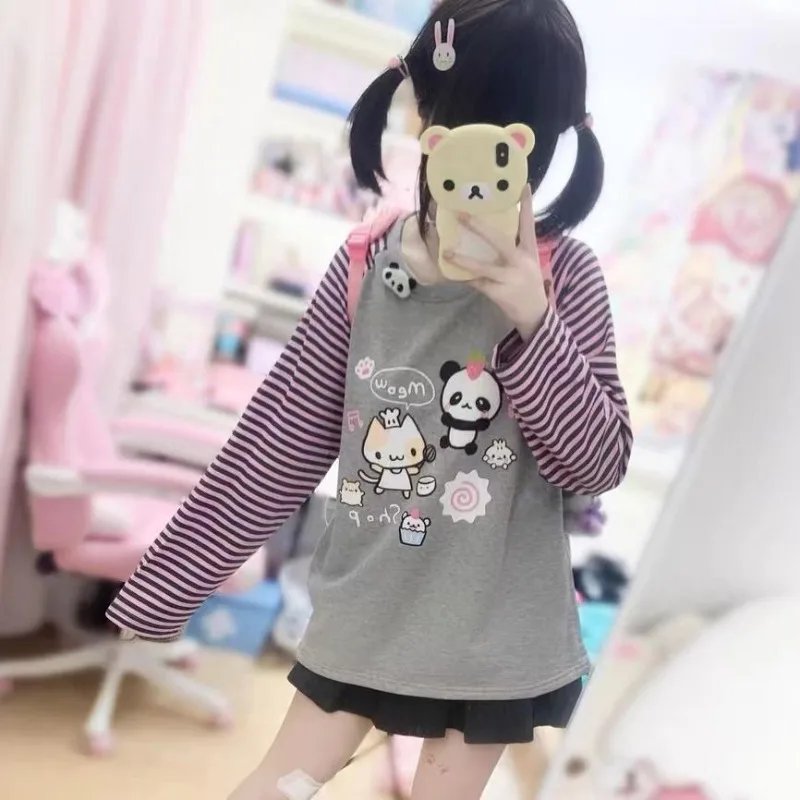 Neploe Japanese Cute Loose All-match Sweatshirts Spring Autumn New O-neck Tops Women Y2k Long Sleeve Striped Pullovers