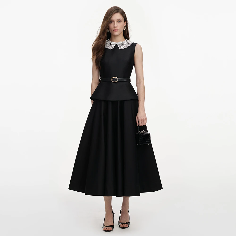 Customized Satin Cocktail Dress Black Peter Pan Collar Lace Women's Cocktail Gowns 2026 Tea Length 2 Pieces Party Dresses Midi
