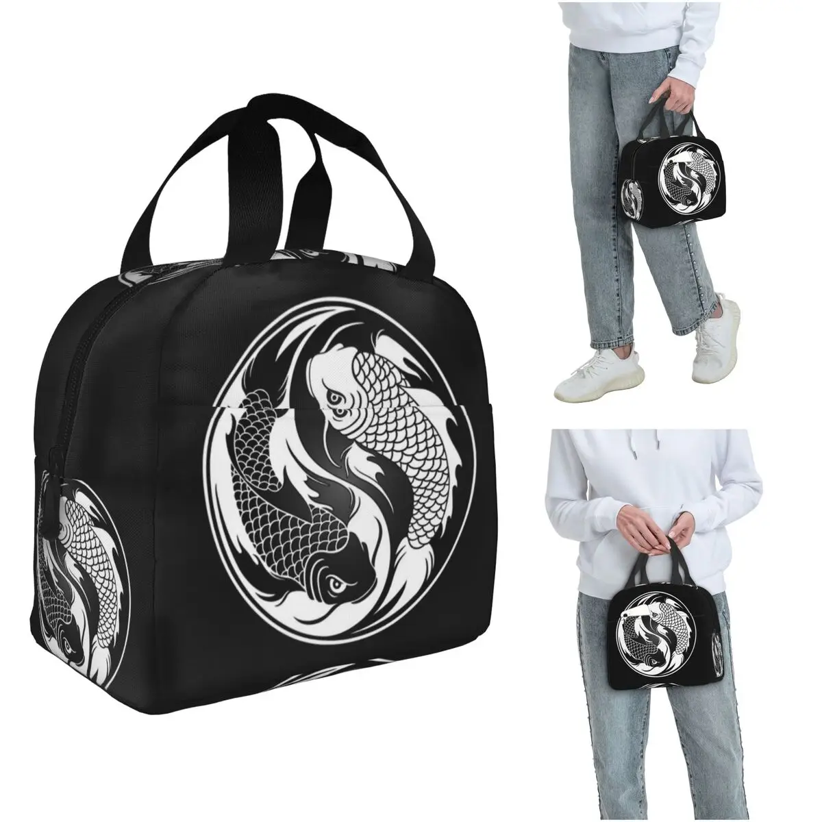 

Черно-белая изолированная сумка для обеда с рыбой Инь Ян кои для женщин, офисный холодильник, термобокс для еды, сумка для обеда, контейнер
