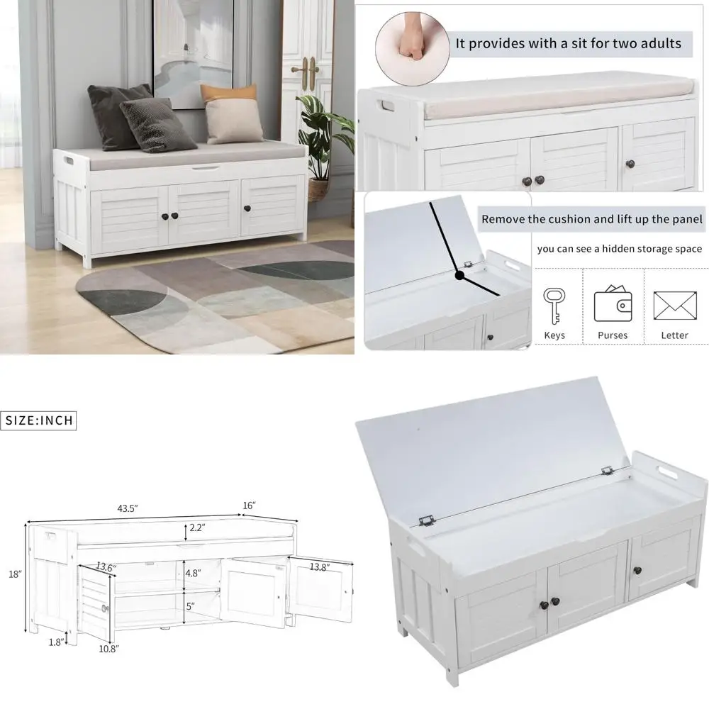 

Wooden Storage Bench with 3 Shutter Doors, Entryway Shoe Organizer, Removable Cushion, and Hidden Storage Space