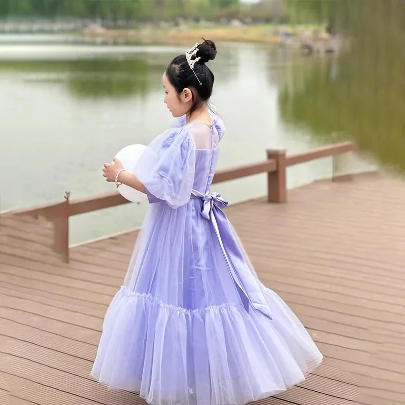 Customized Lavender First Communion Gown Half Sleeve Tulle Flower Girl Dress for Wedding Long Sleeve with Bow Birthday Party