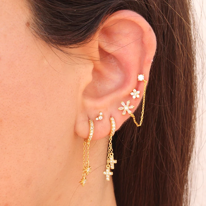 925 Sterling Silver Needle Crystal Tassel Chains Stud Earrings for Women Exquisite Long Chain Pendant Earrings Wedding Jewelry
