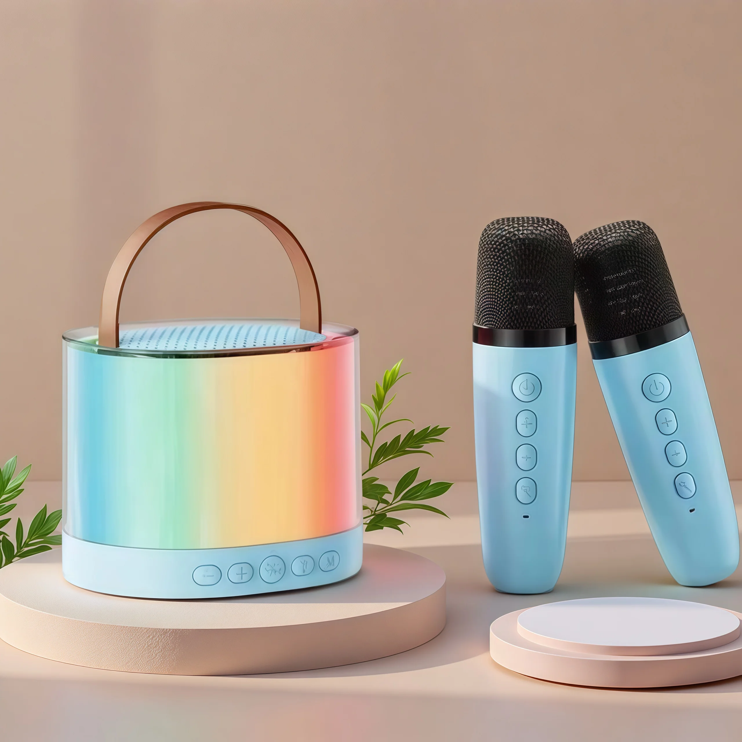 مكبر صوت بلوتوث متعدد الوظائف K52 مشغل موسيقى محمول RGB لاسلكي مع 2 ميكروفونات للأطفال آلة الكاريوكي
