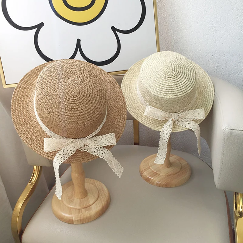 Parent-child Straw Hat Adult Kids Summer Large Brim Flat Fisherman Cap Girls Sun Visors Travel Beach Bowknot Sunshade Caps Women