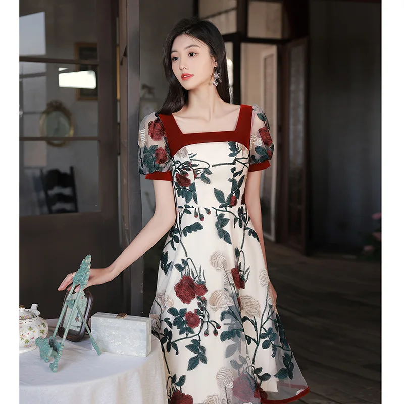 French Square Necked Prom Dress Elegant Fashion Lace Wedding Qipao Dresses Female Birthday Party Hosting Banquet Cheongsam