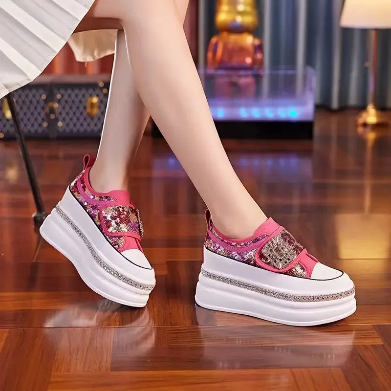 Women 8CM Platform Casual Outdoor Shoes Rhinestone Shine Decoration Sneakers Lace Walking Sport Breathable Thick Bottom Shoes