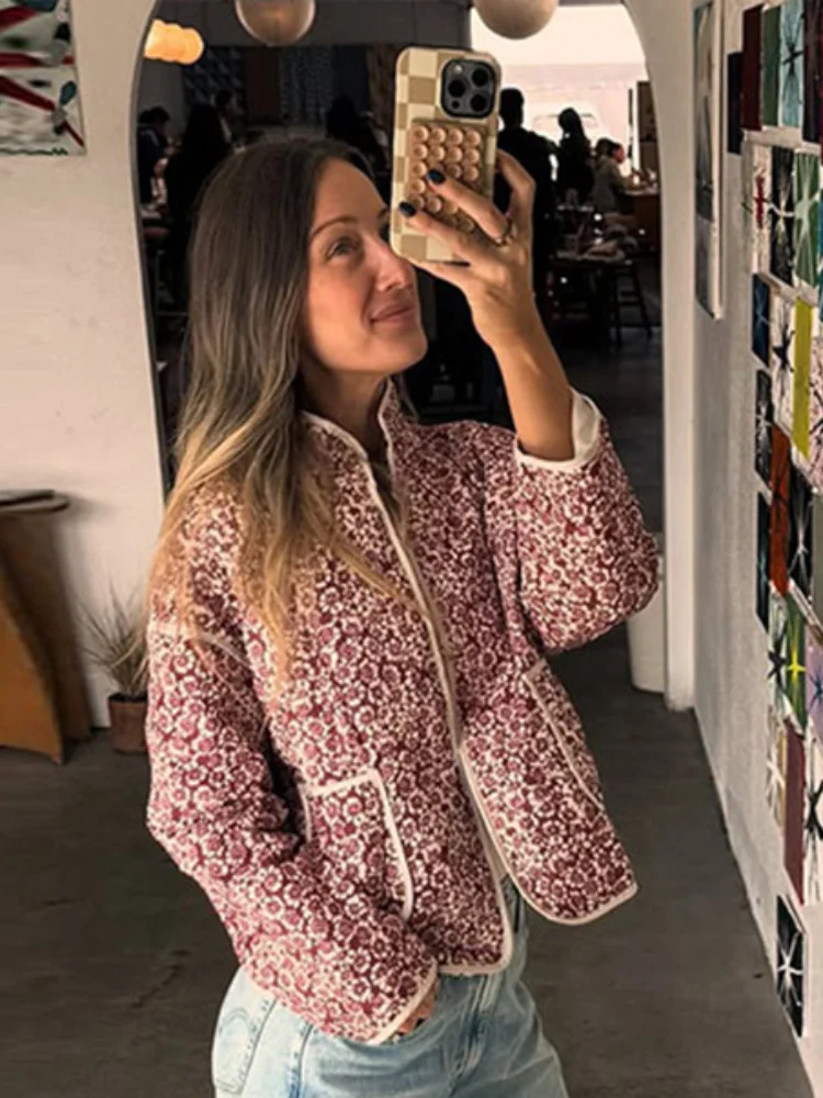 Fashion Women Quilted Jacket Printed Contrast Piping Trim Collarless Long Sleeve Loose Padded Coat Pockets Fall Outerwear Street