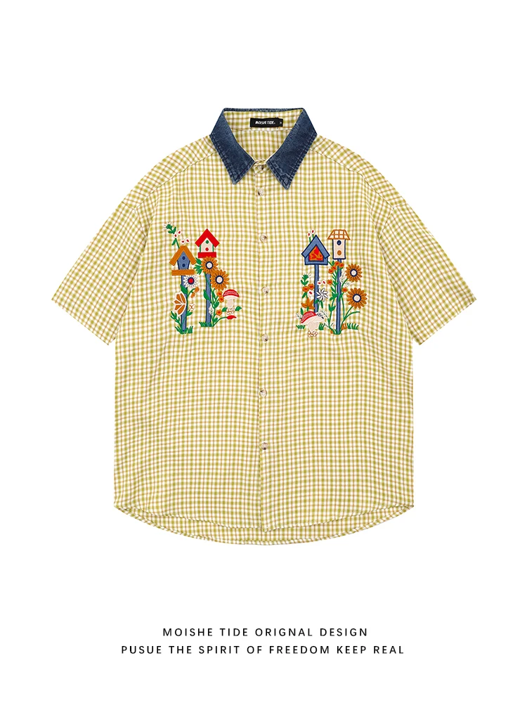 

MOISHE TIDE Embroidered Denim Patchwork Short Sleeve Shirt Loose Fit Unisex Summer Versatile Shirt Youth Fashion Summer Shirt