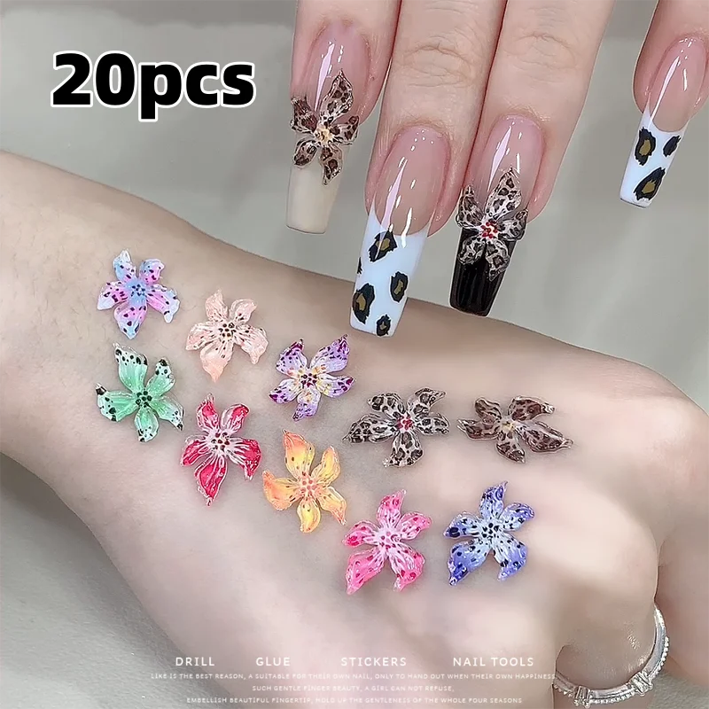 20 pçs 3d semi-transparente lírio floral encantos de unhas design de flor de cristal de gelo macio com impressão de leopardo para decoração de manicure diy