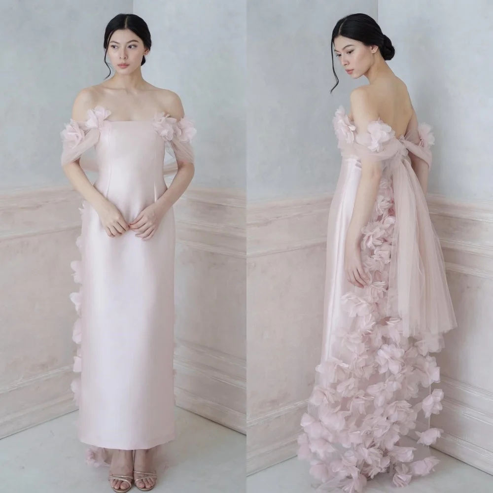 

Customized Intricate Sexy Handmade Flower Pleat Straight Off-the-shoulder Midi Dresses Bespoke Occasion Dresses Sizes Available