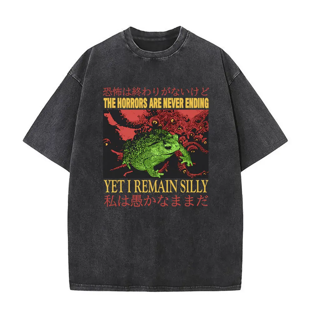 

The Horrors Are Never Ending Yet I Remain Silly Washed Vintage Funny Japanese Style Frog Print T-shirts Men Casual Loose T Shirt