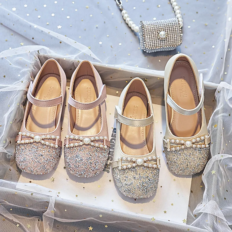 High heels girls princess spring and autumn new little girl leather with dress soft sole children's crystal shoes single shoes