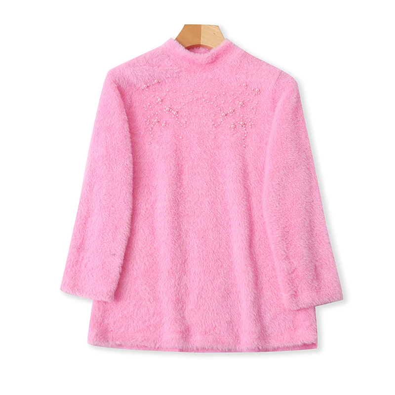

Faionable Simple round Ne Nine Sve Bead Bright Diamond Sweater Pink Loose Knitted Top f High Collar Warm Thermal