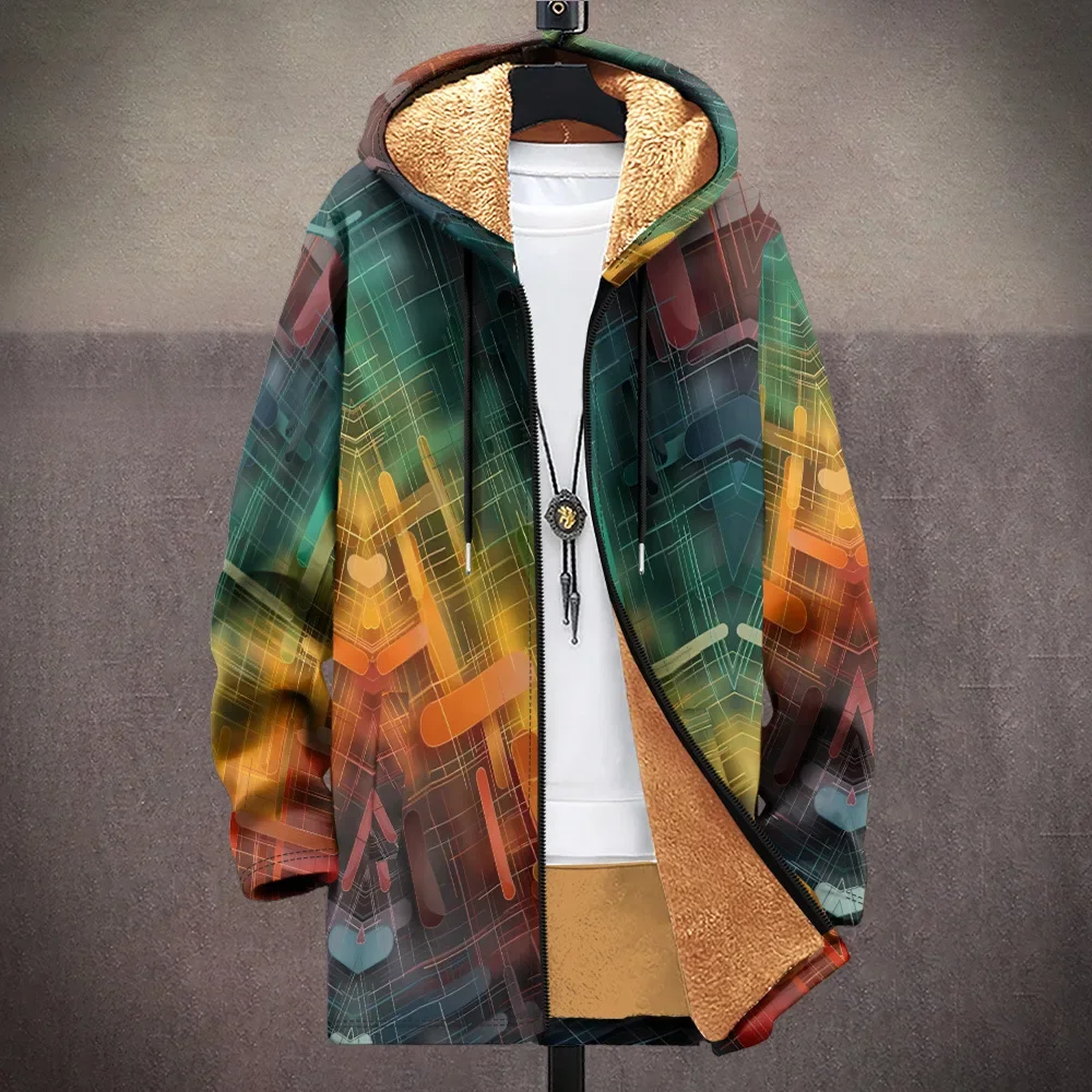 Men Cardigans Coats Splicing Geometric Art Graphics Printed Plush Thick Winter Jackets Casual Streetwear for Unisex Clothing