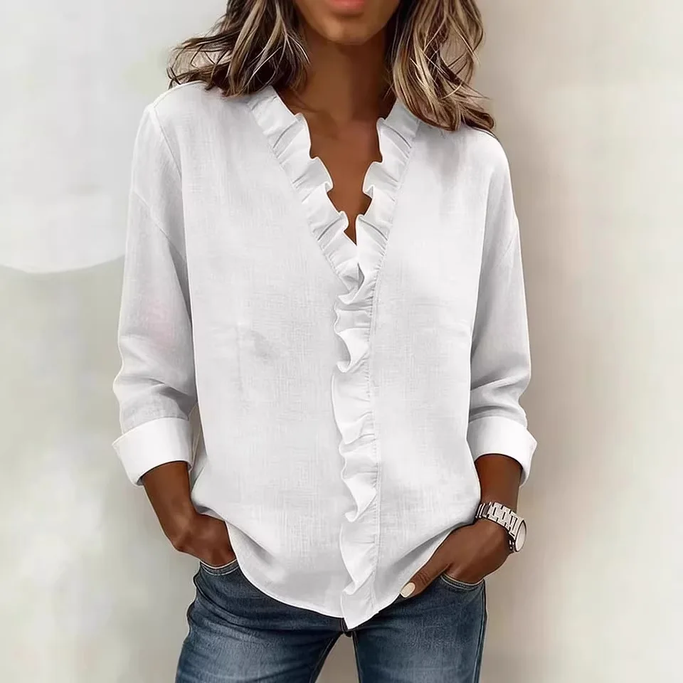 

2026 European and American spring women's wooden ear edge long-sleeved cotton shirt