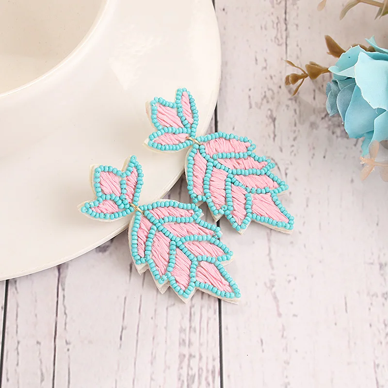 Niche Fresh color Rice Bead Earrings powder blue stitching clover Pine shaped earrings Girl Accessories Earrings