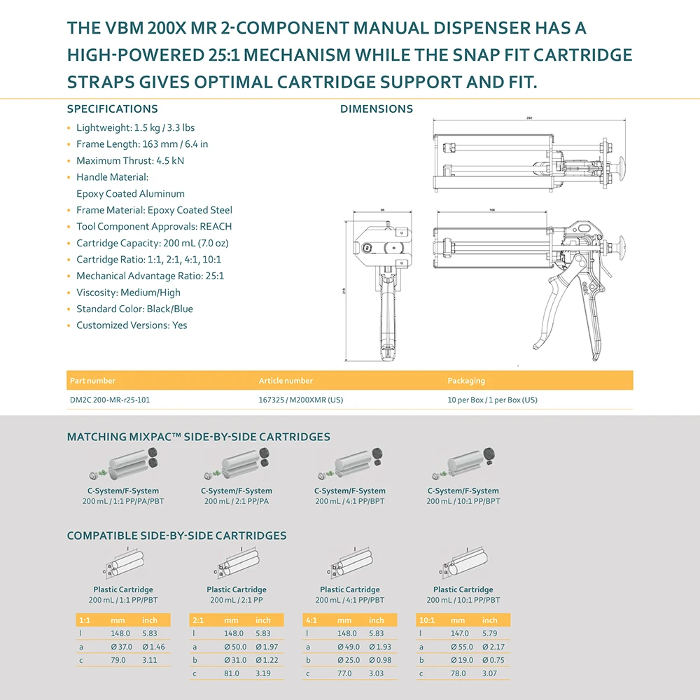 SULZER COX VBM 200X MR A-Manual de 2 componentes, dispensador de cartuchos de pistola de pegamento, 200mL, 1, 2, 4 y 10:1