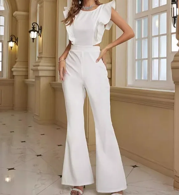 

Elegant Women's White Ruffled Jumpsuit Temperament Commuting Female Sexy Clothes Summer Women Thin Elegant High Waist Jumpsuits