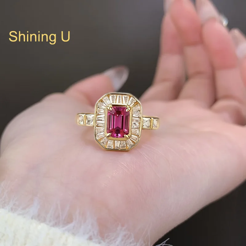 Shining U 925 Sterling Silver 5*7mm Rosy Gems Stud Ring for Women Fine Jewelry Anniversary