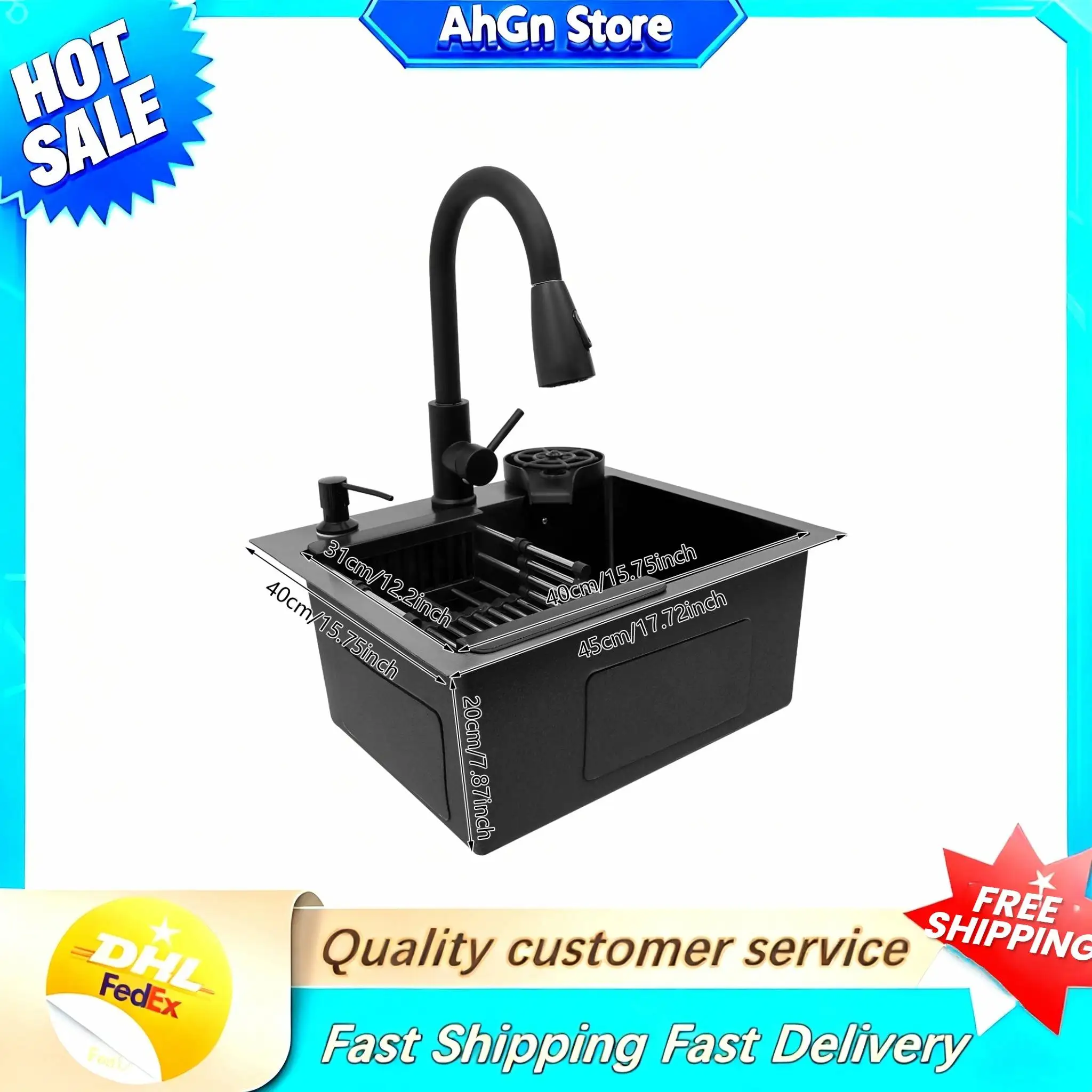 Fregadero de cocina de acero inoxidable, fregadero de cocina de 45x40cm con grifo extraíble, fregadero de cocina multifuncional